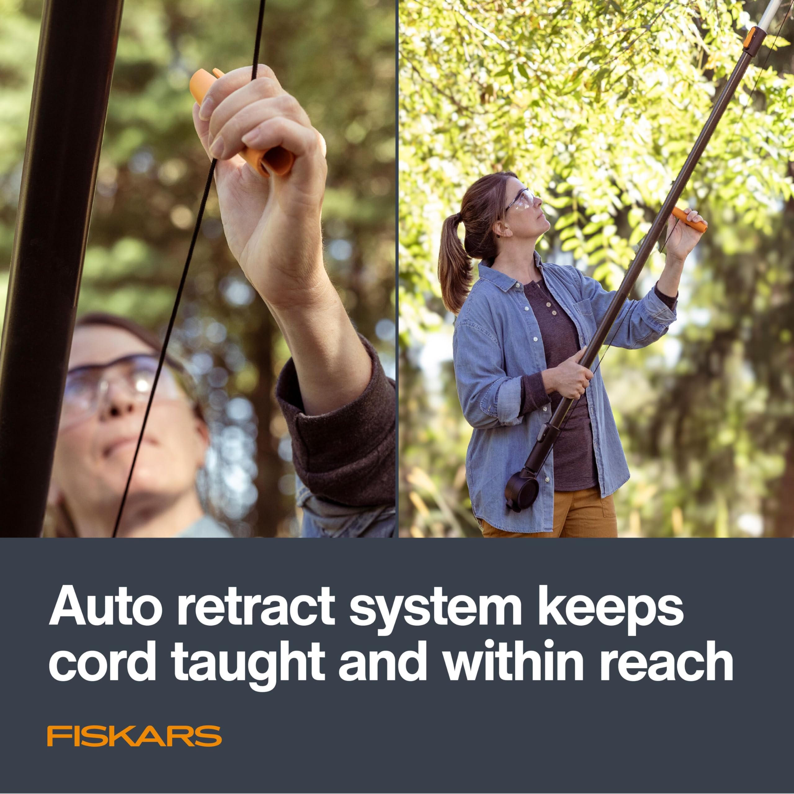 Fiskars XtendControl Rotating Pruner Head in use on tree branches