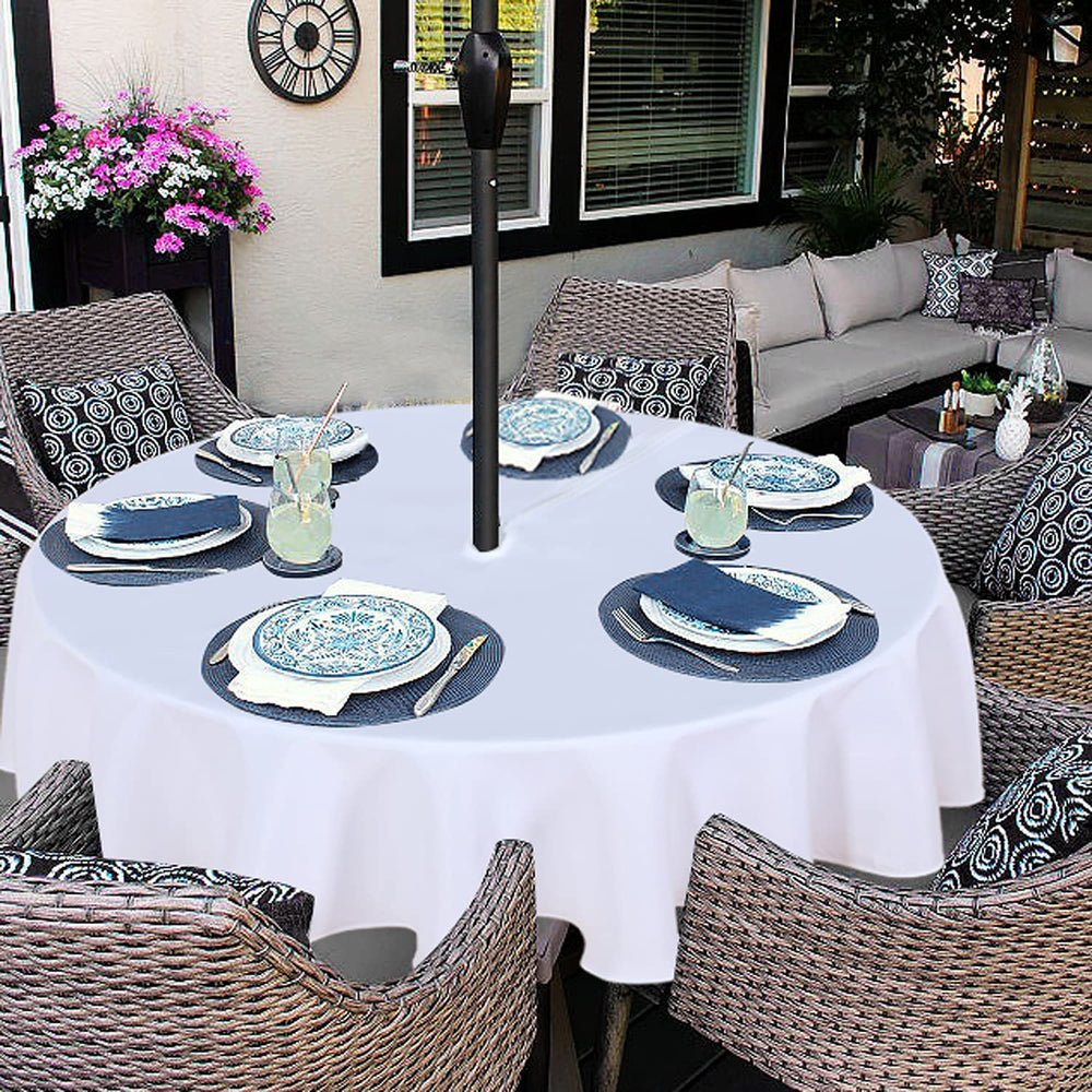 Fitable Outdoor Tablecloth 60" round white on patio table