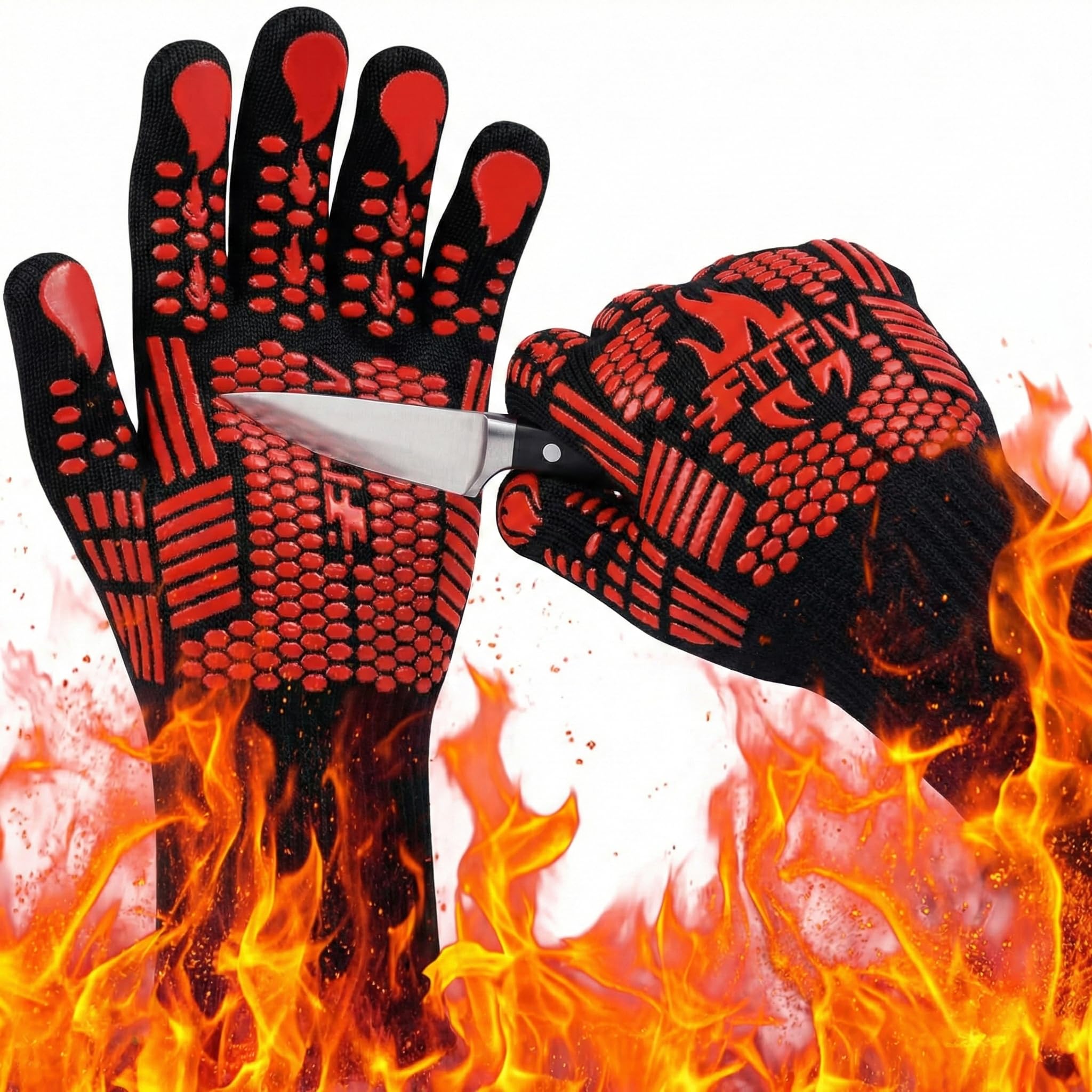 FITFIV BBQ Gloves red long design with silicone grip
