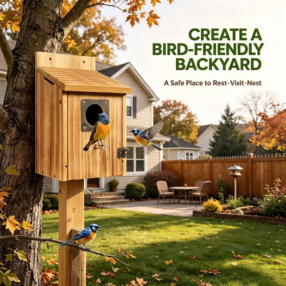 Fitraho birdhouse showing 1.5 inch entrance with predator guard
