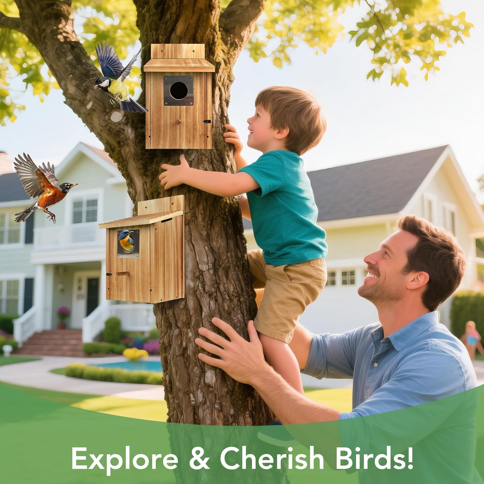 Fitraho birdhouses displayed near a garden fence