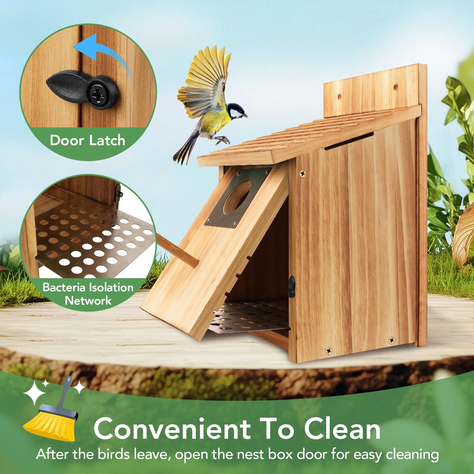 Fitraho birdhouses with natural wood finish in outdoor setting