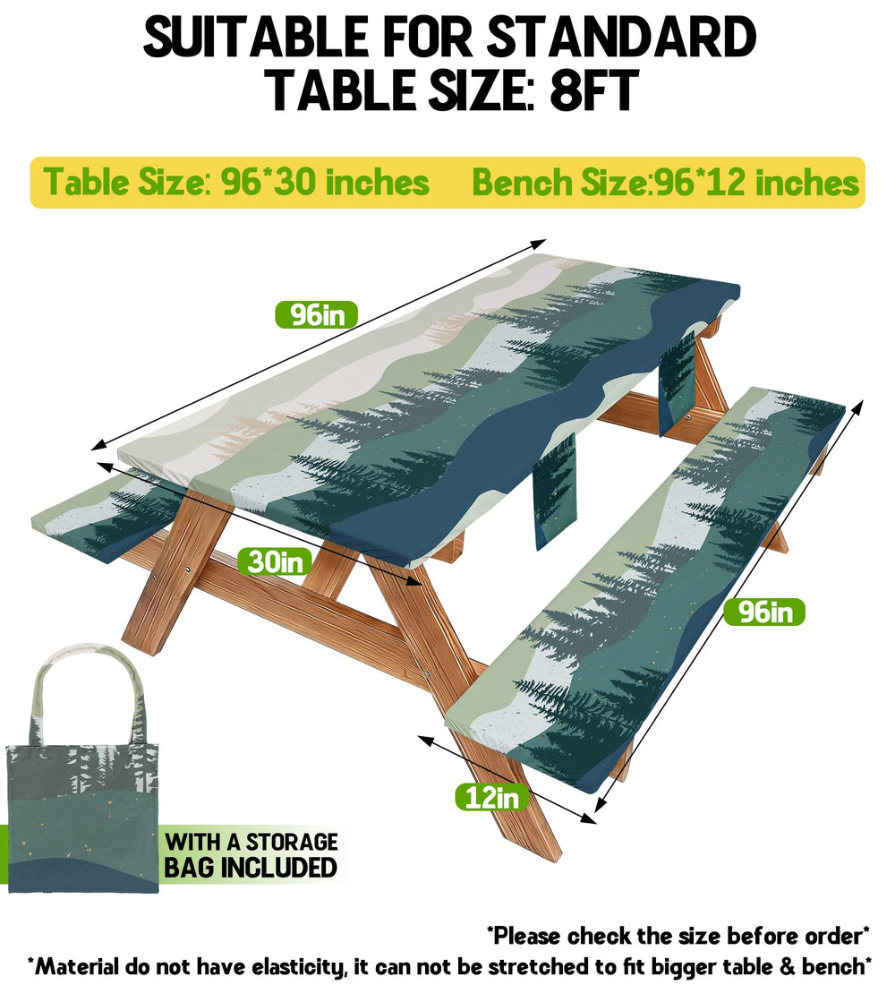 Fitted picnic table cover and bench covers in outdoor setting