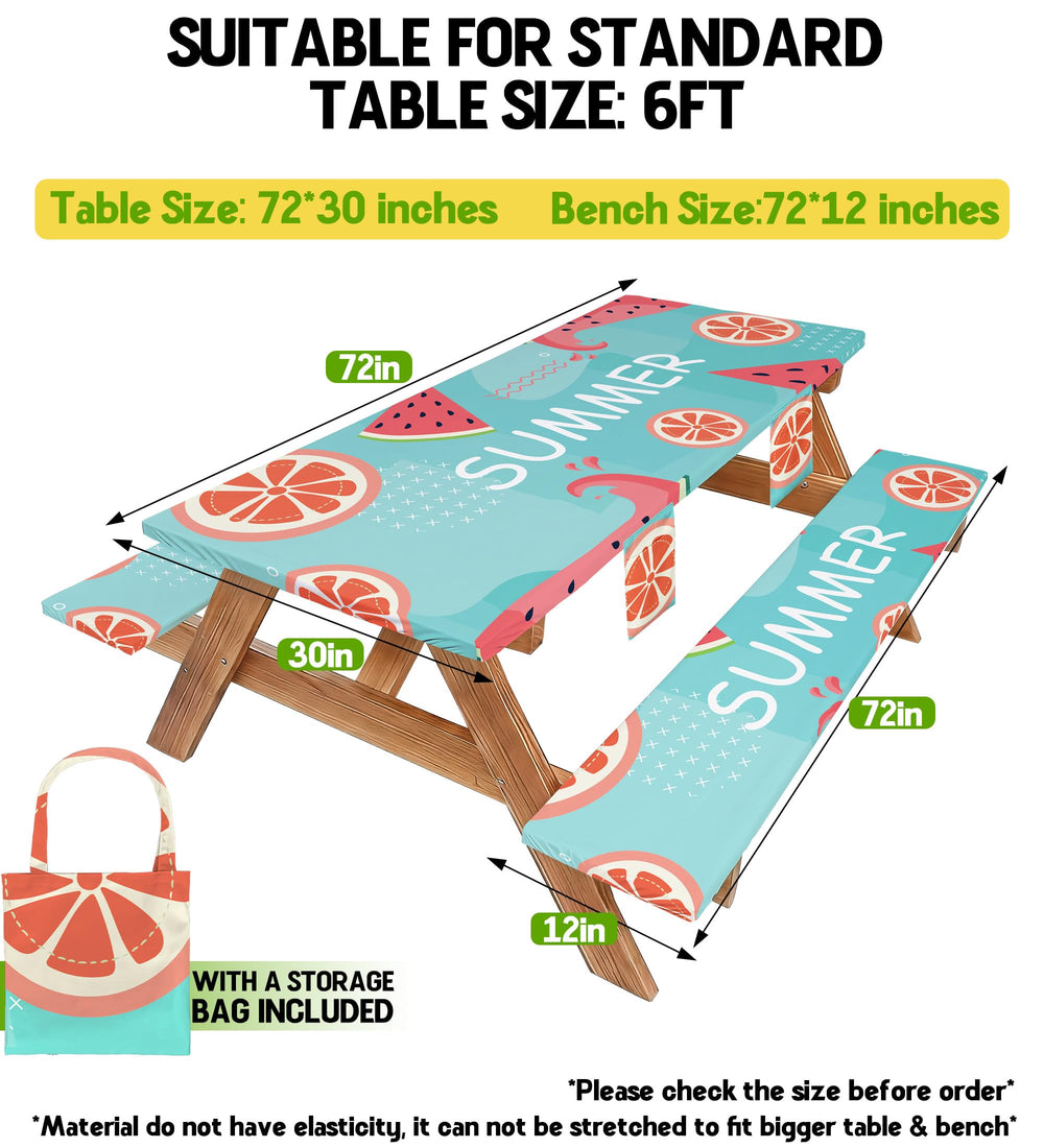 Fitted picnic table cover on a 72 inch table outdoors