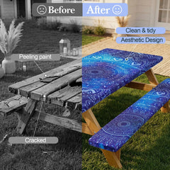 Fitted picnic table cover on a standard 6FT table