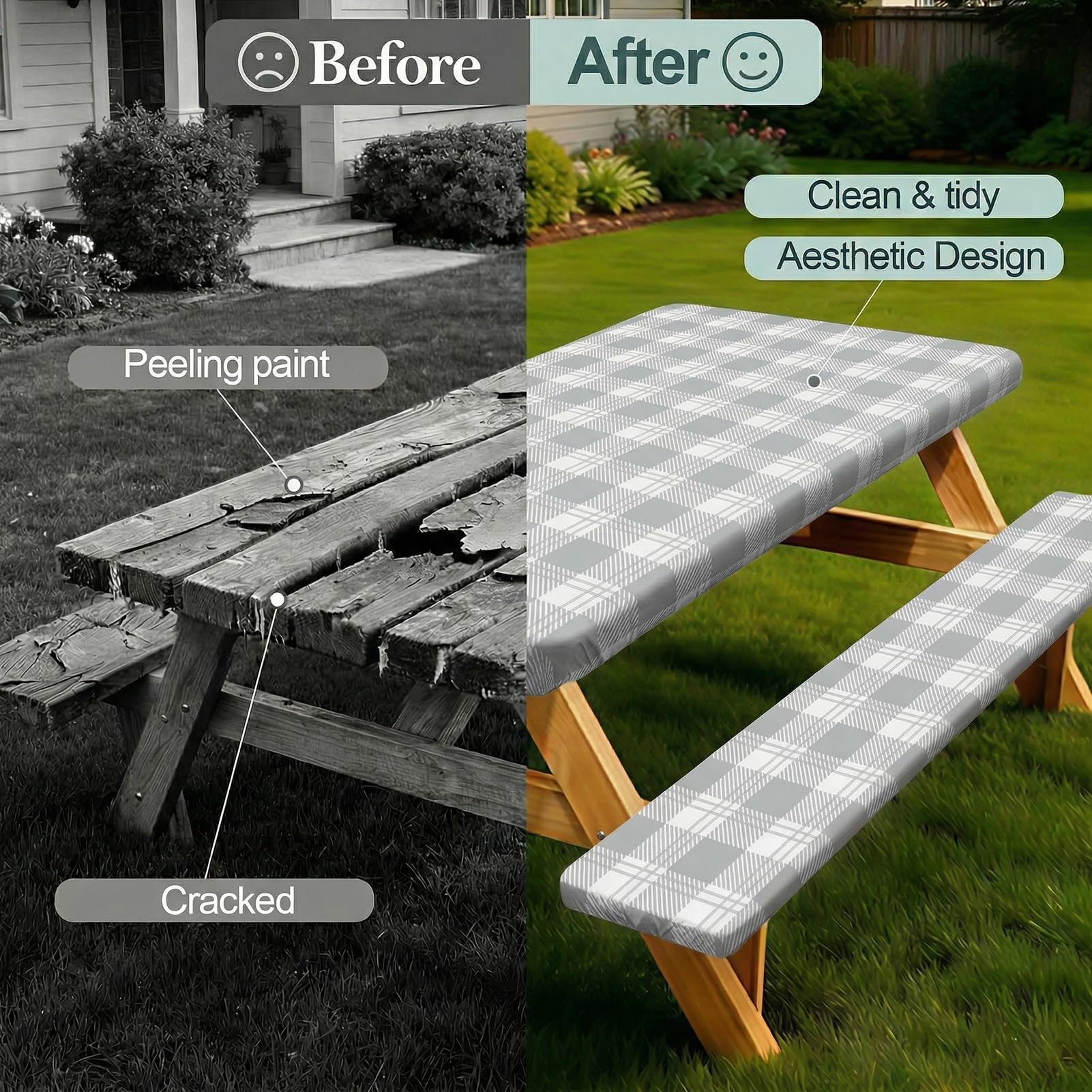 Fitted picnic table cover on a standard 6FT table outdoors