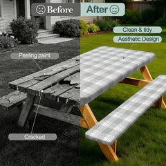 Fitted picnic table cover on a standard 6FT table outdoors