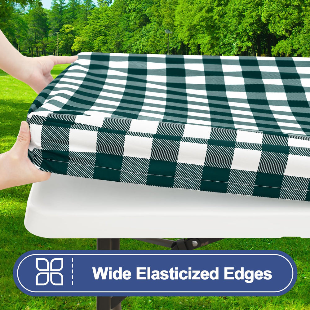 Fitted Smiry picnic table cover in emerald green and white buffalo plaid