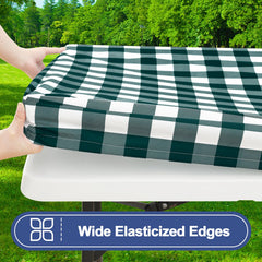 Fitted Smiry picnic table cover in emerald green and white buffalo plaid