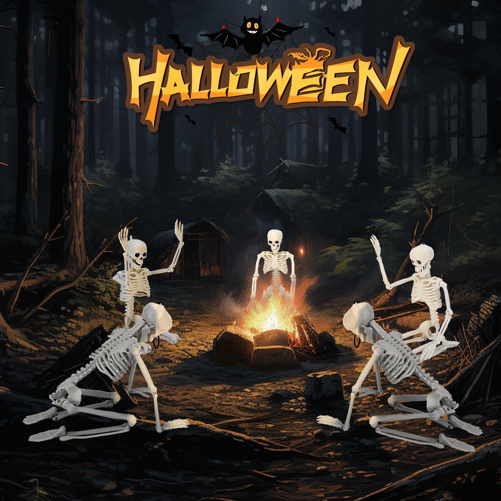 Five TMFsode Halloween skeletons displayed together