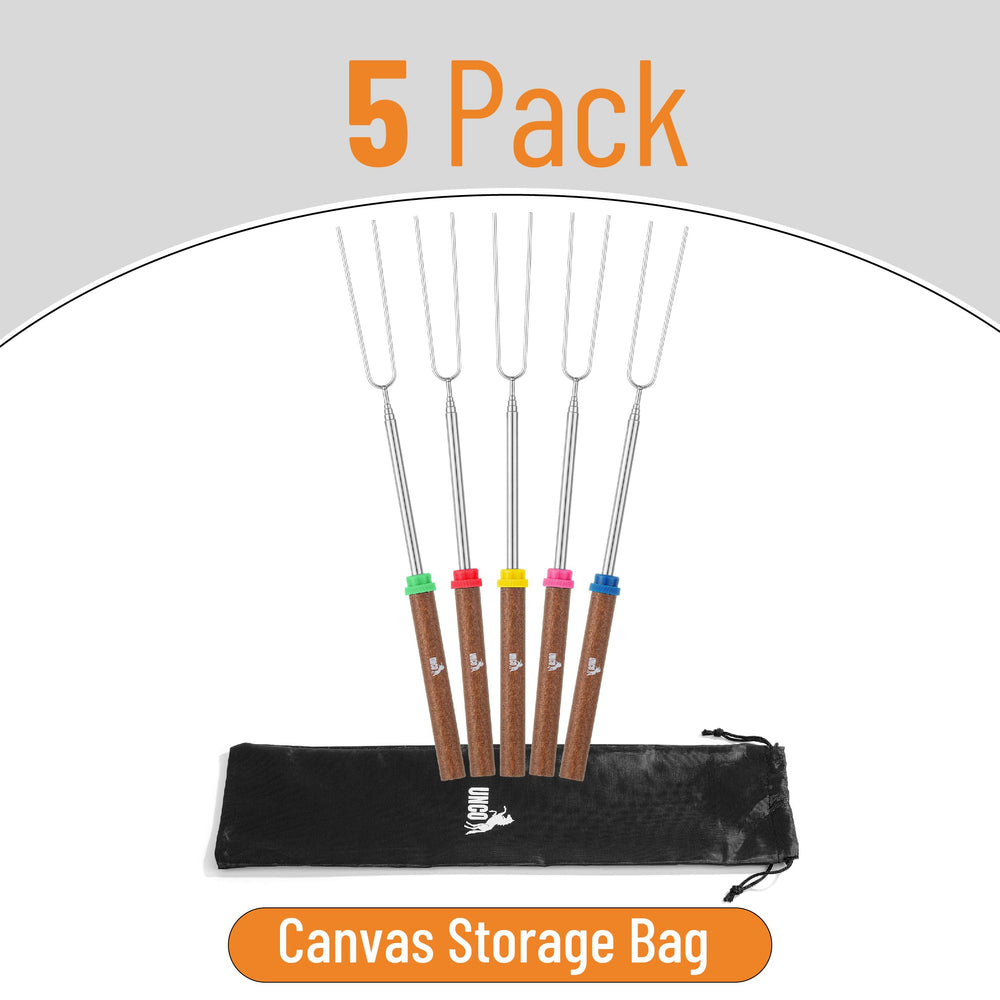 Five UNCO roasting sticks in a black canvas storage bag