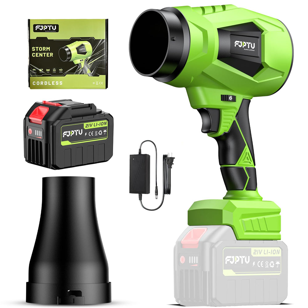 FJPTU Cordless Leaf Blower front view with adjustable speed settings