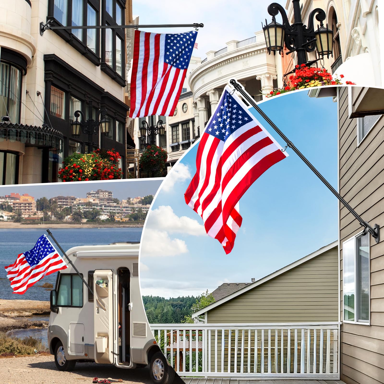 Flag pole installed on a porch displaying an American flag