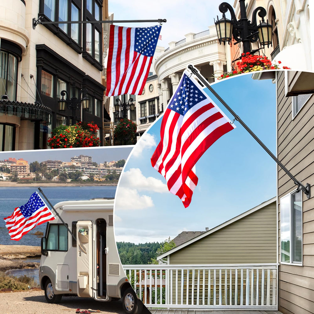 Flag pole installed on a porch displaying an American flag