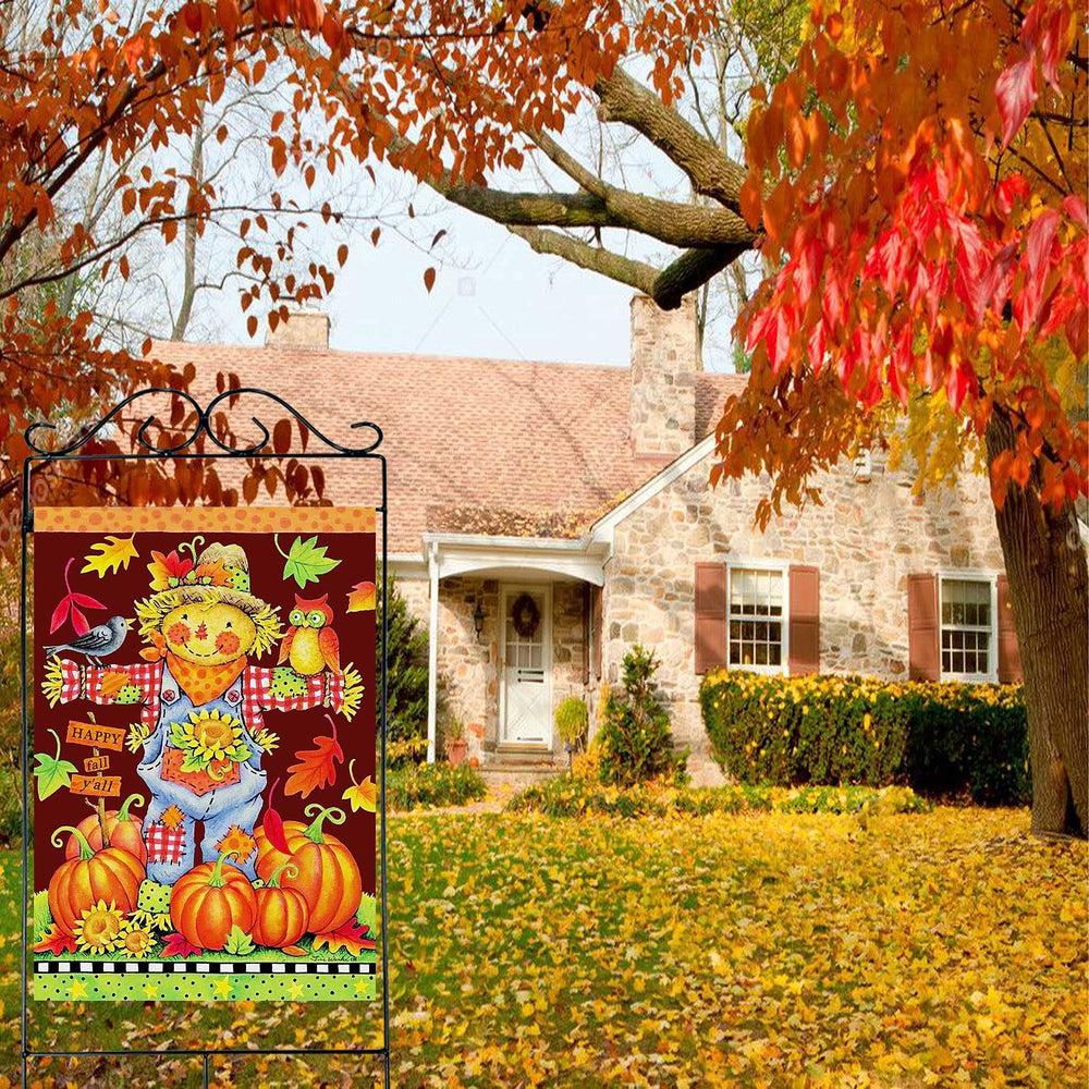 Flagmax Fall Garden House Flag displayed in a garden setting