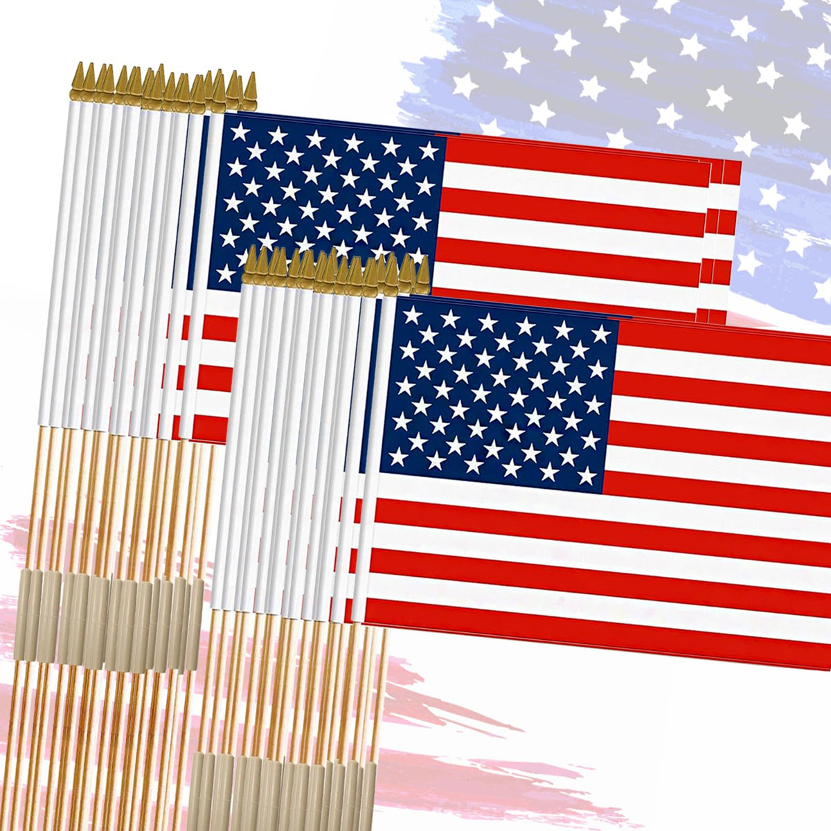 FLAGMESAGE American flags on wooden poles, 12x18 inches, 24 pack