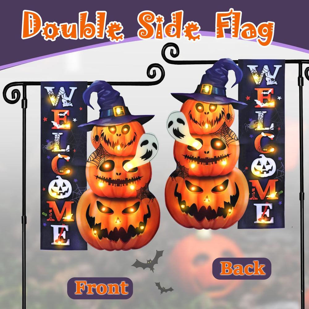 FLAGMESAGE Halloween Lighted Garden Flag displayed in a garden