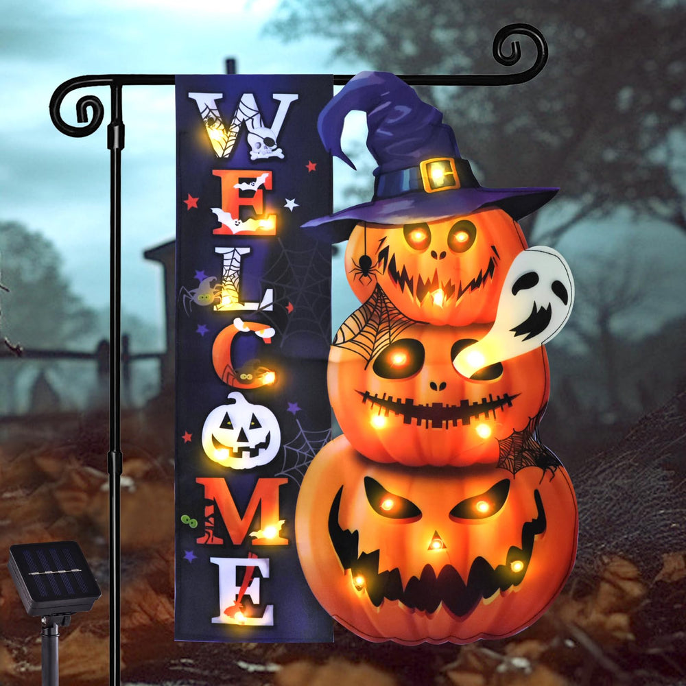 FLAGMESAGE Halloween Lighted Garden Flag featuring pumpkin design front view