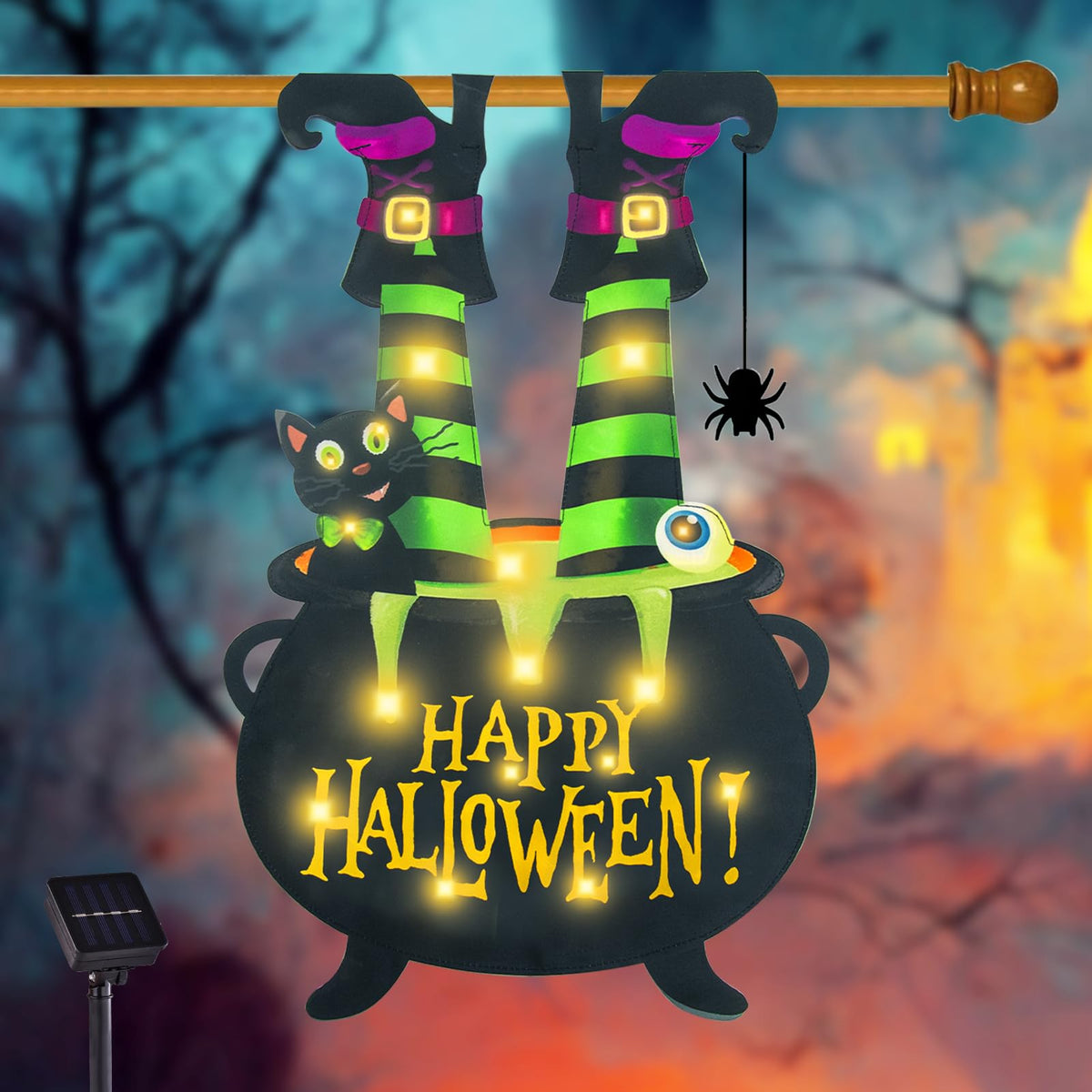 FLAGMESAGE Halloween Lighted Garden Flag featuring witch feet design