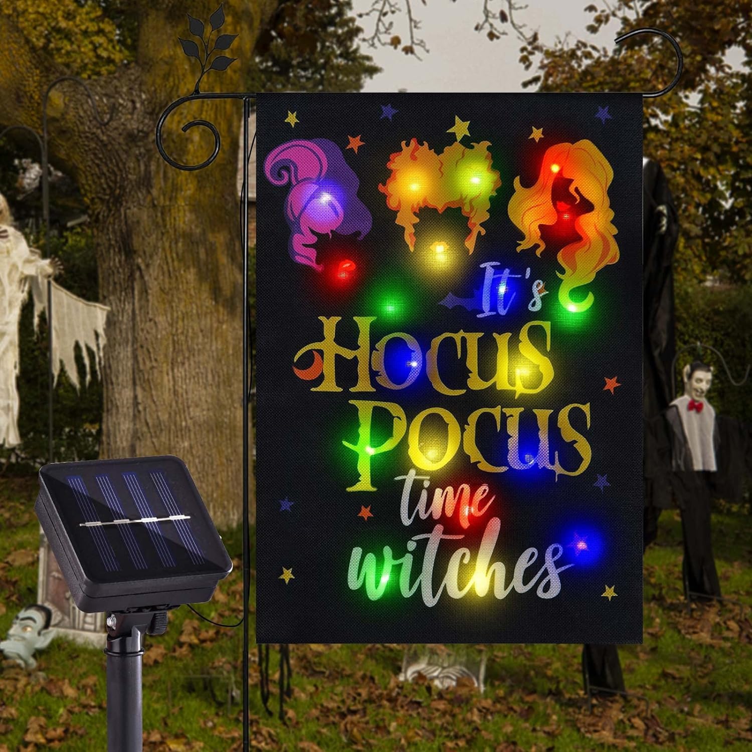 FLAGMESAGE Halloween Lighted Garden Flag front view with witch feet design