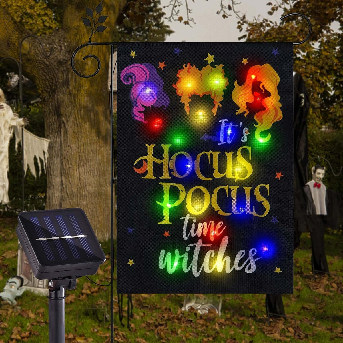 FLAGMESAGE Halloween Lighted Garden Flag front view with witch feet design