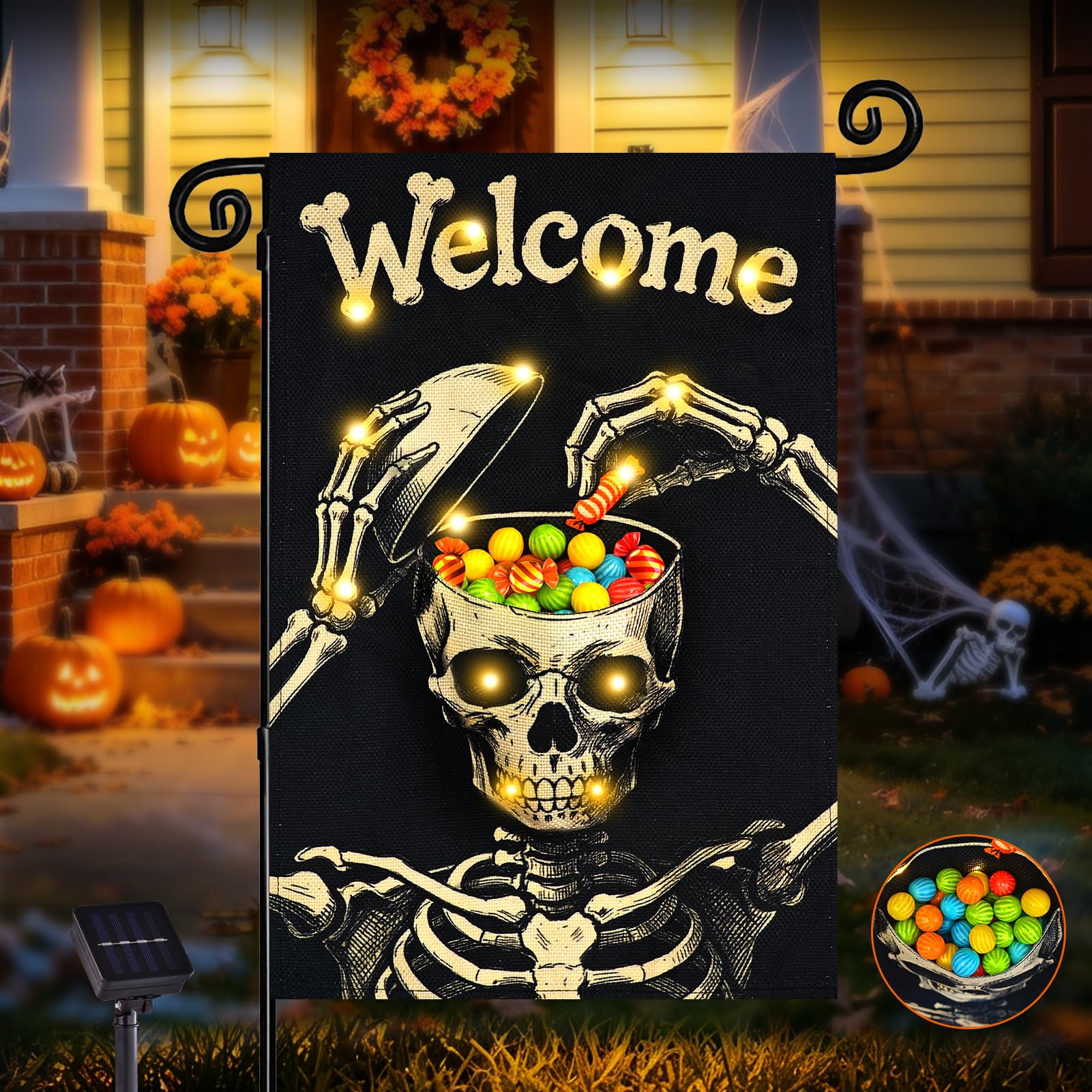 FLAGMESAGE Halloween Lighted Garden Flag with Skeleton Design