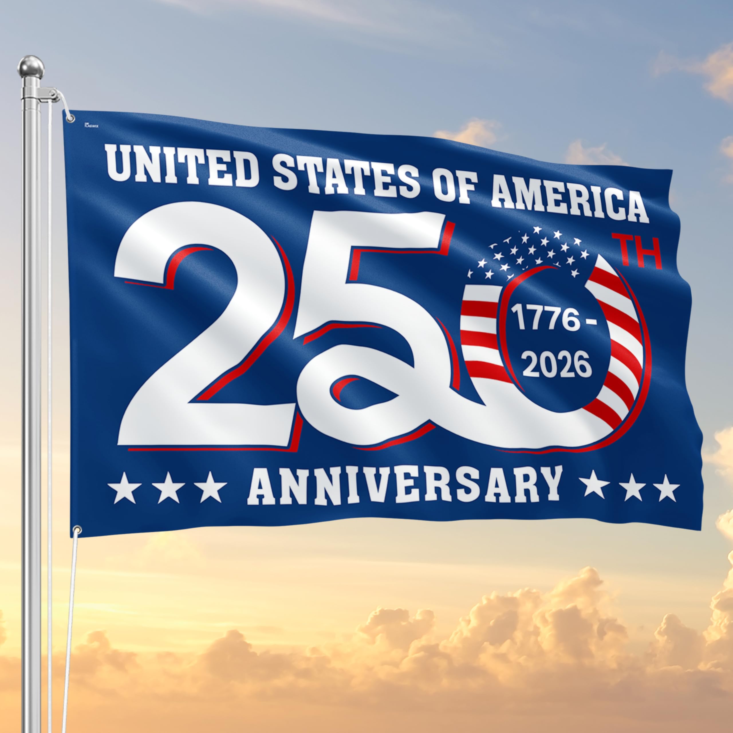 FLAGWIX 250th Anniversary Flag hanging on a pole