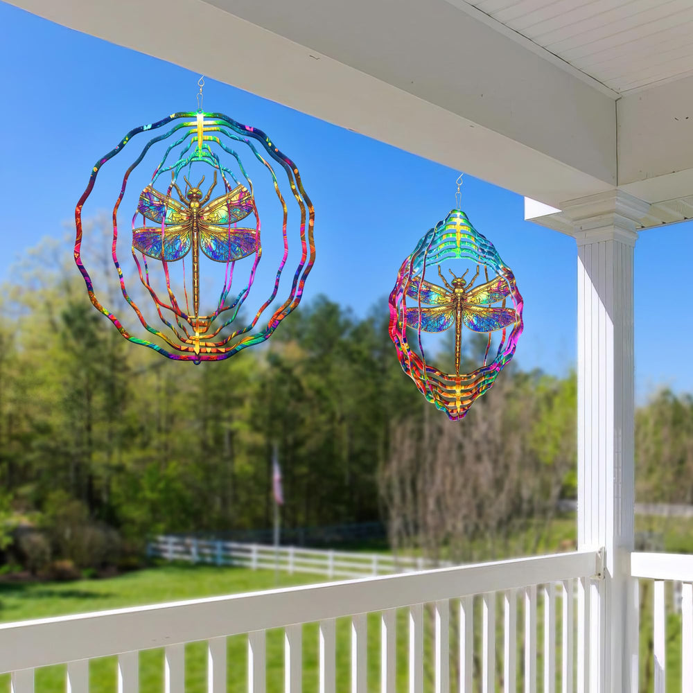 FLAGWIX Dragonfly Wind Spinner displayed on a patio