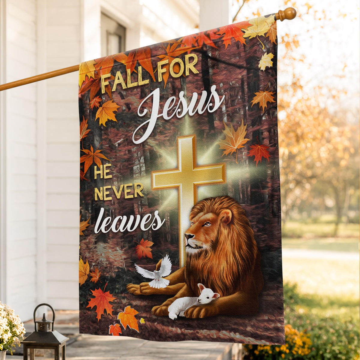 FLAGWIX Fall Christian Flag featuring Lion Judah design front view