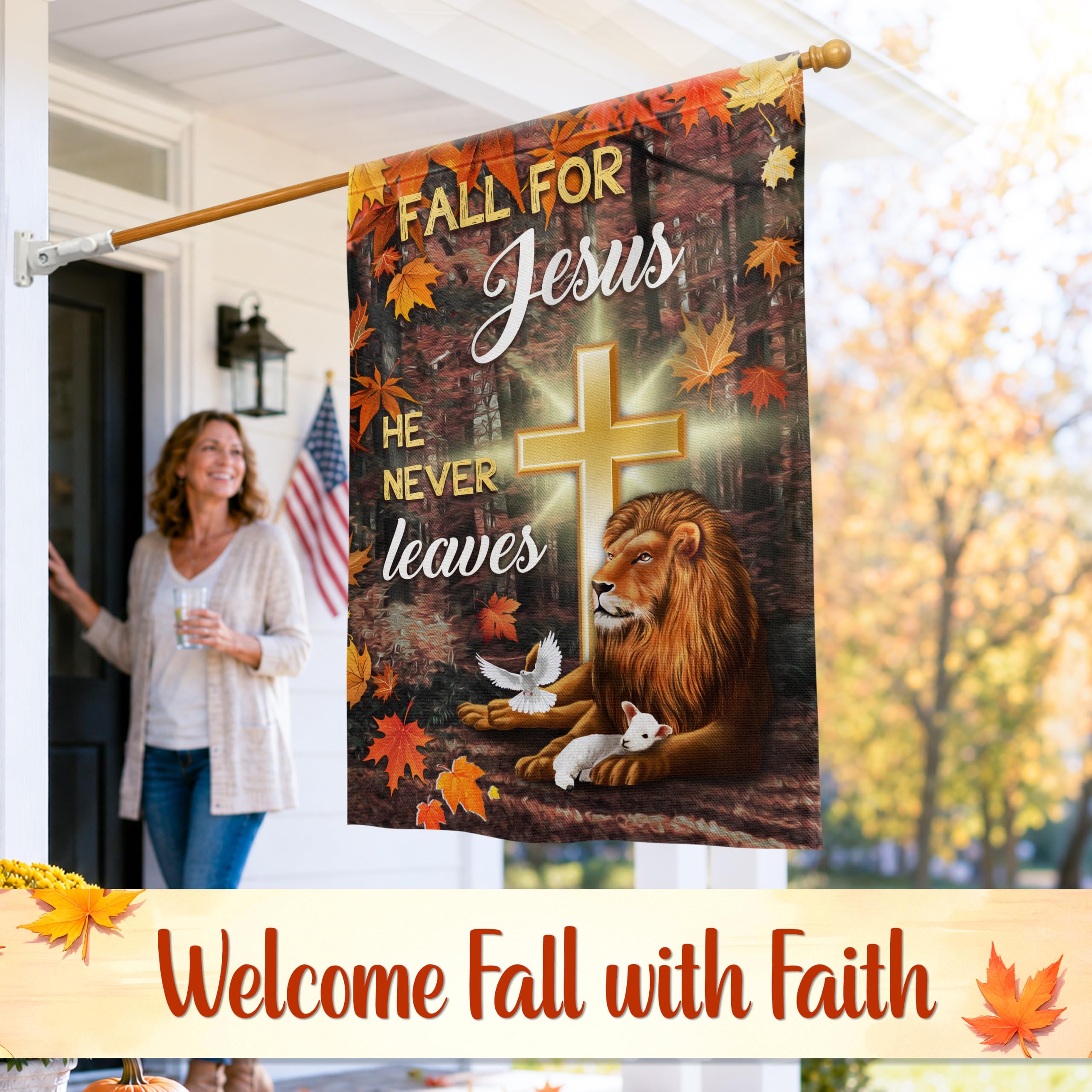 FLAGWIX Fall Christian Flag on a porch during fall season
