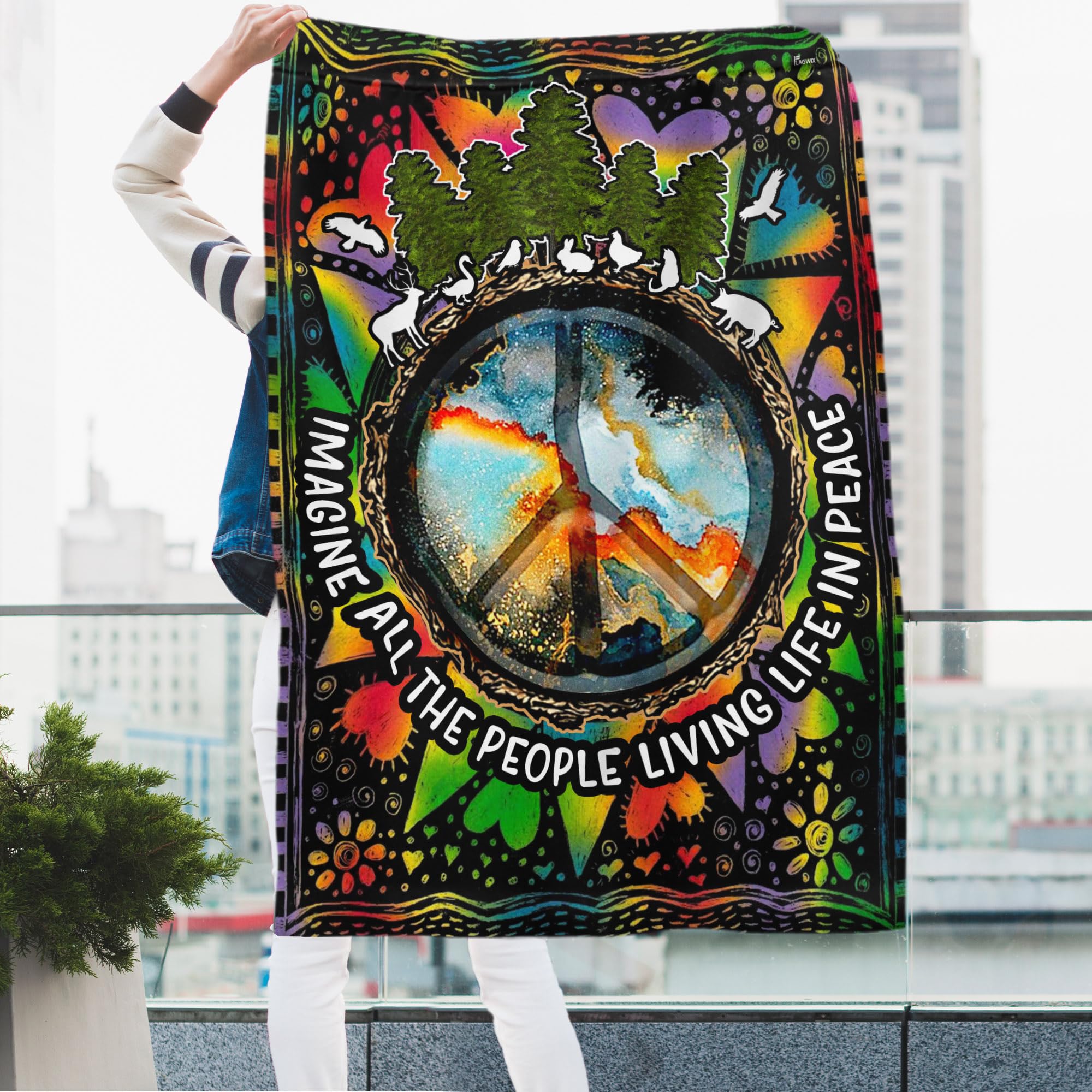 FLAGWIX Hippie House Flag hanging on a porch