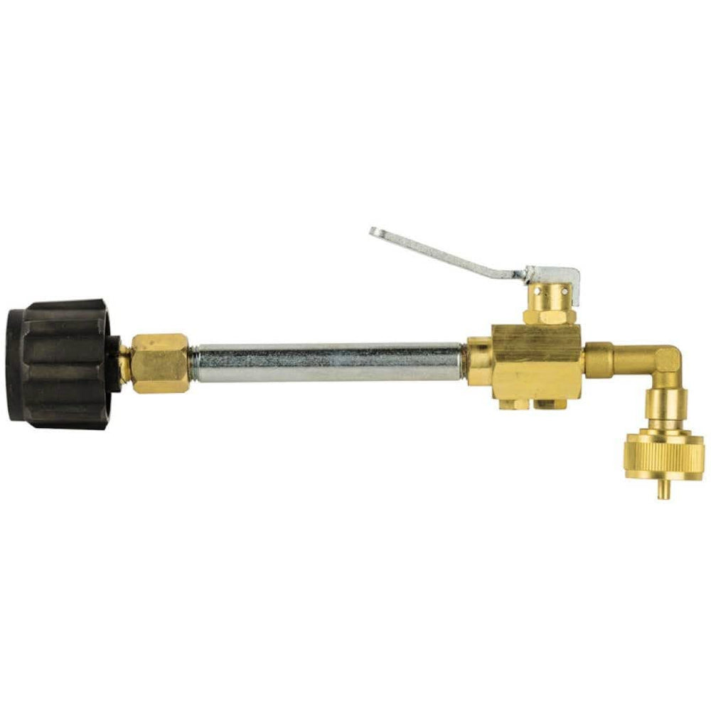 Flame King Propane Refill Adapter Valve next to refillable propane tank