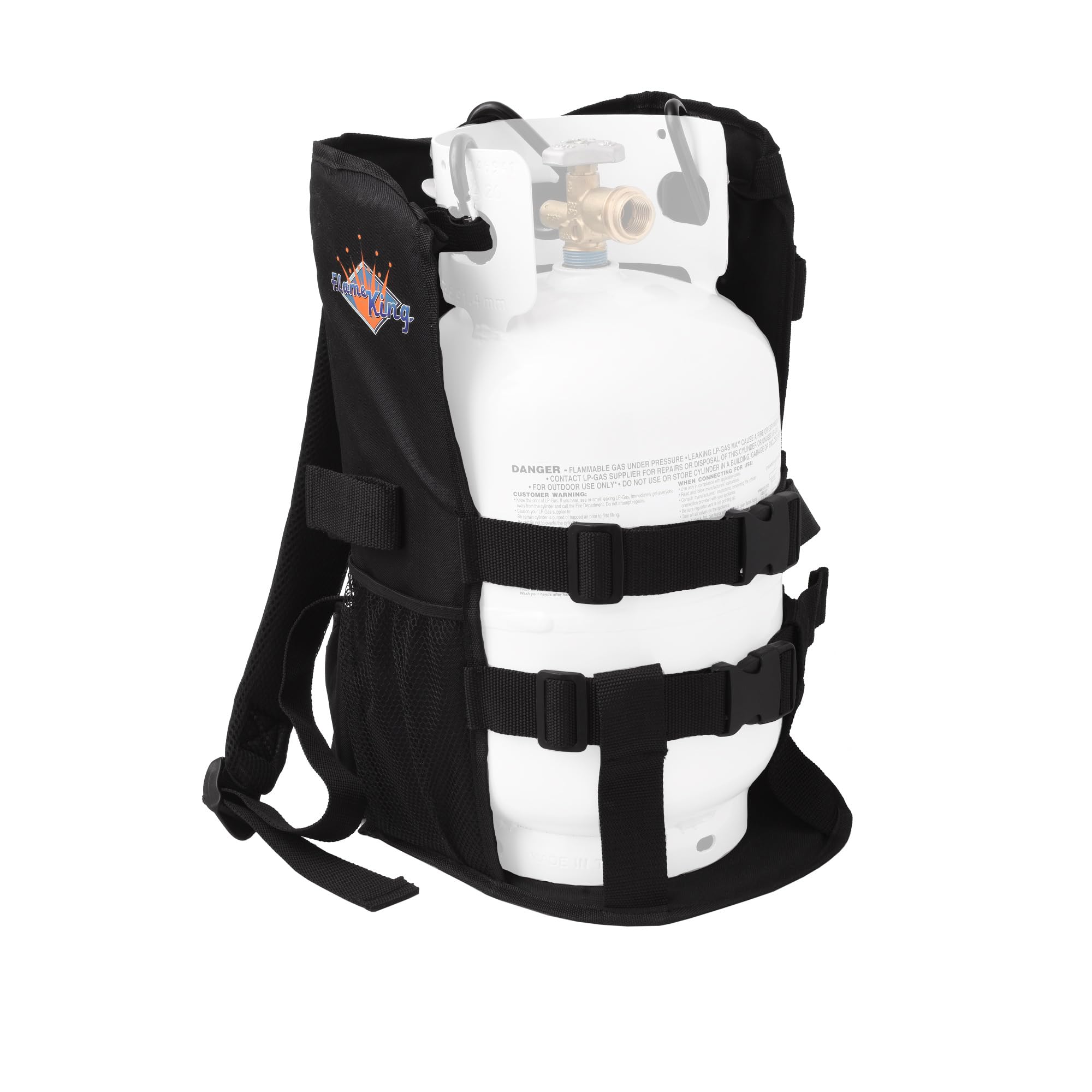 Flame King Propane Tank Backpack Carrier front view, black colour