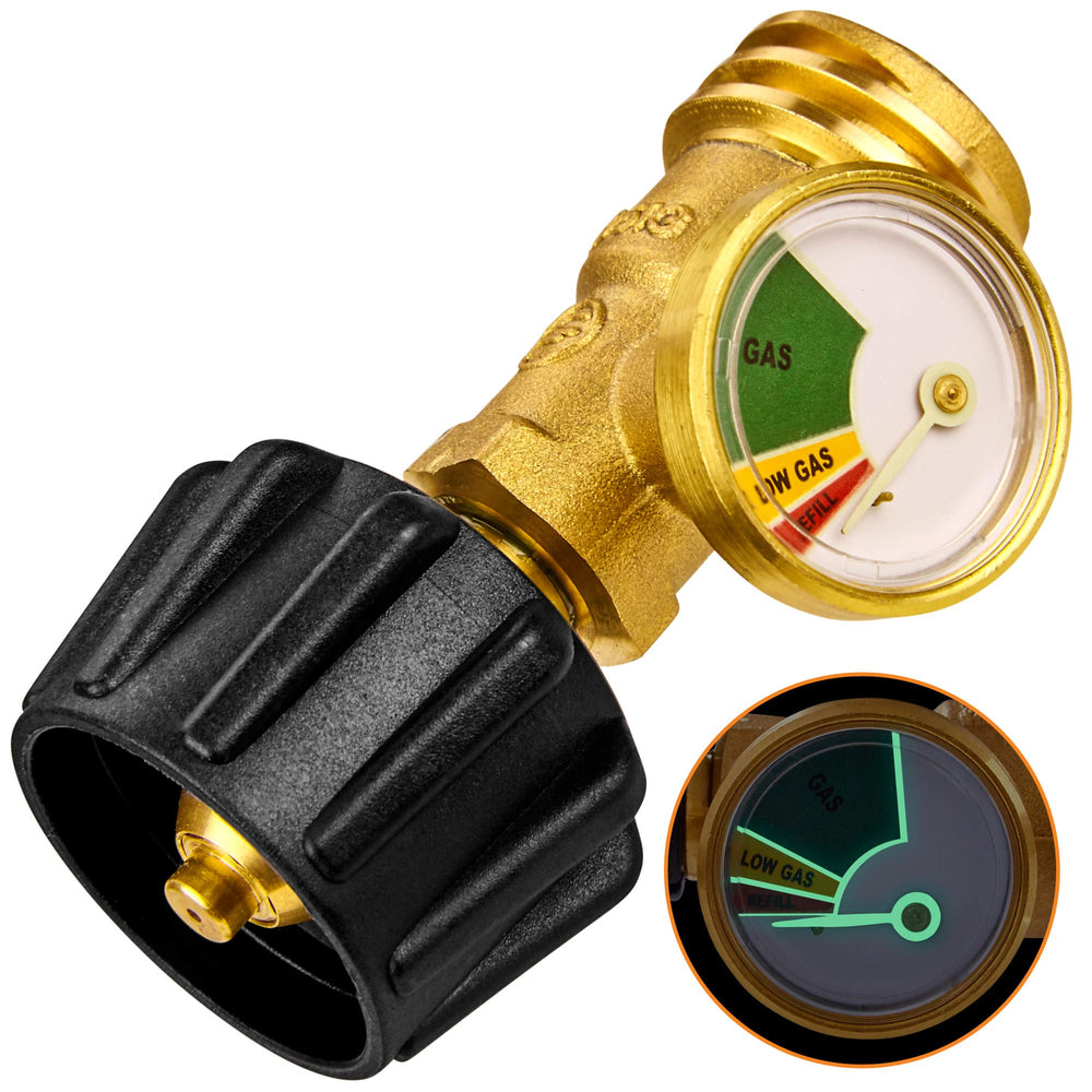 Flame King Propane Tank Gauge front view with glow-in-the-dark dial