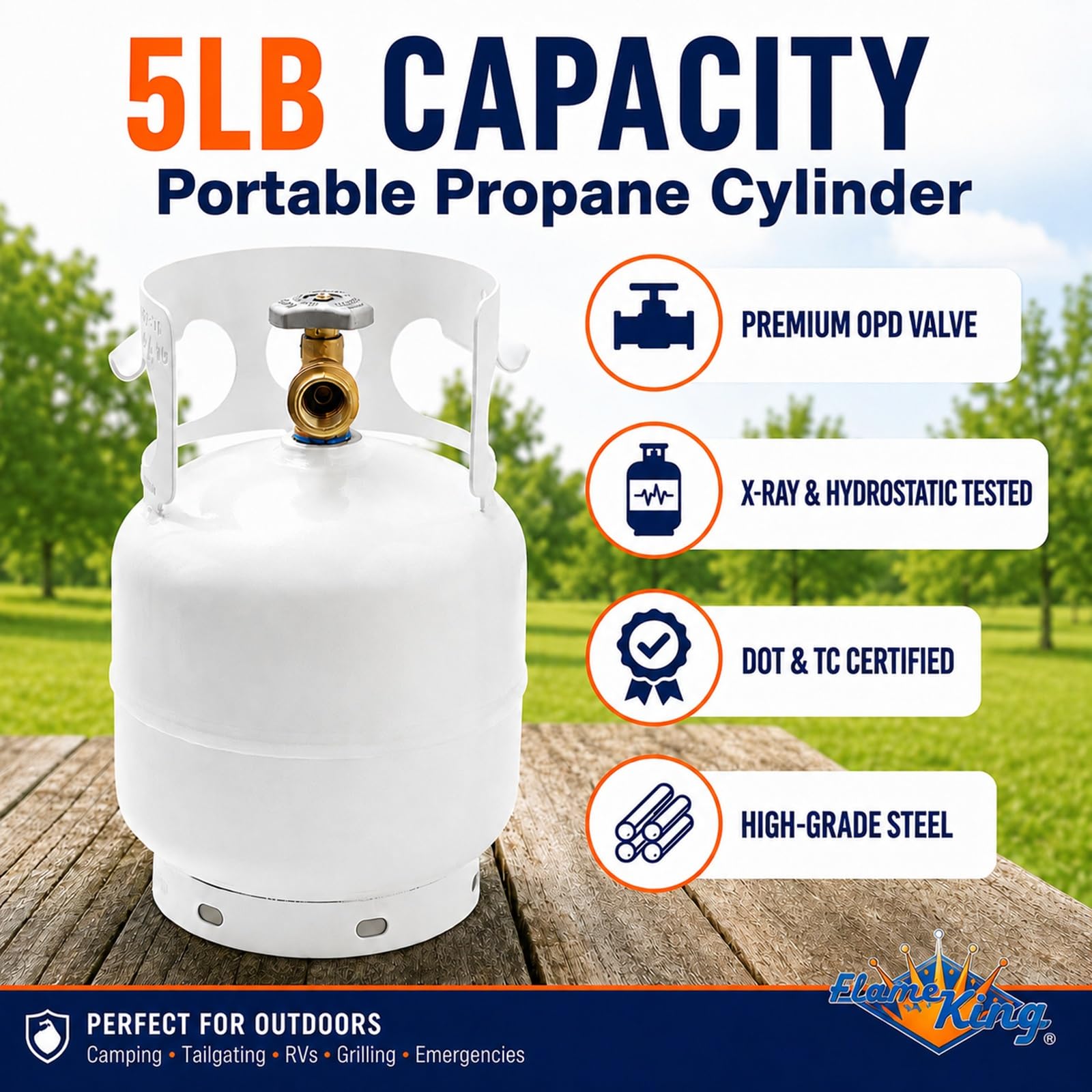 Flame King propane tank in outdoor setting for camping