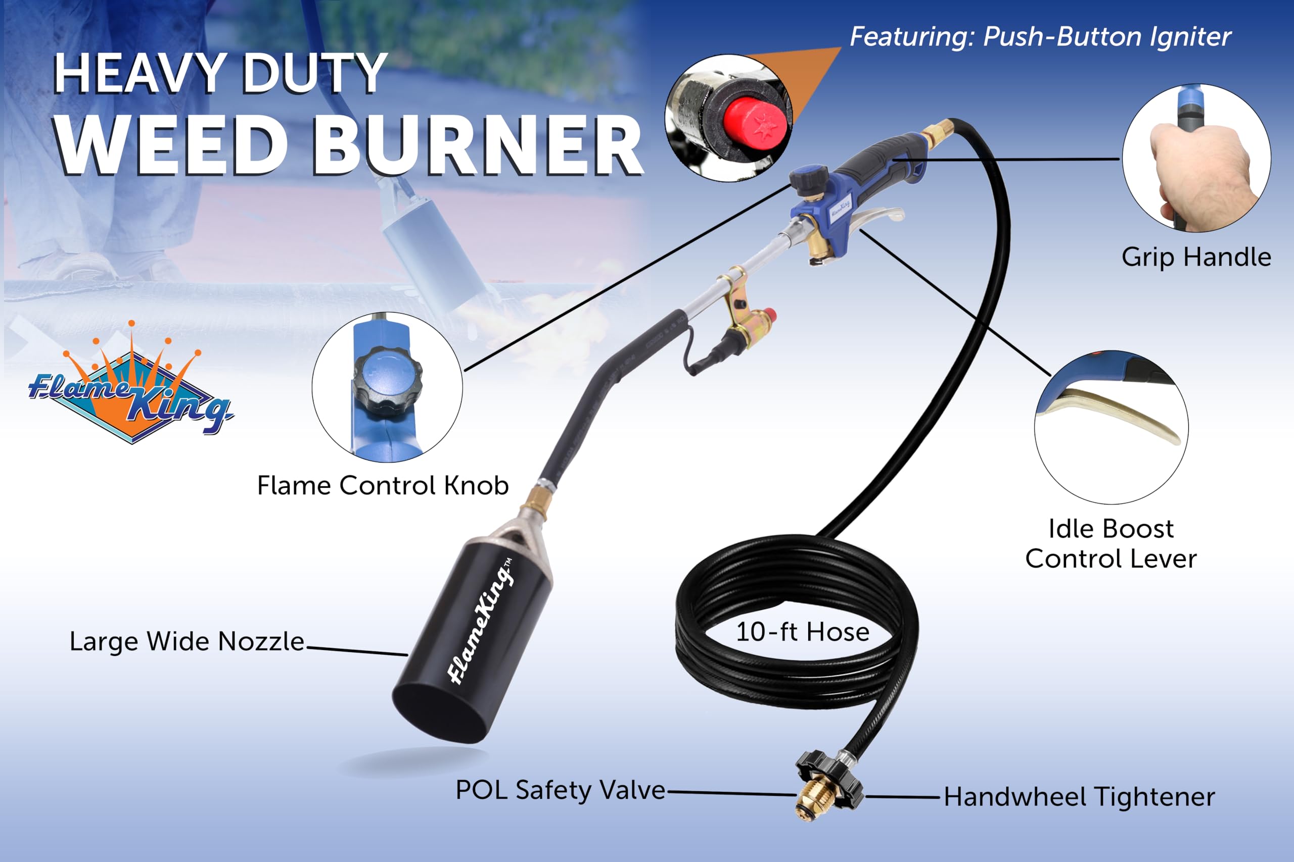Flame King Propane Torch Kit ready for use on a lawn