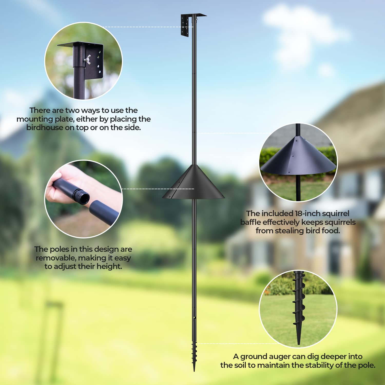 Flanagan adjustable height bird feeder pole close-up