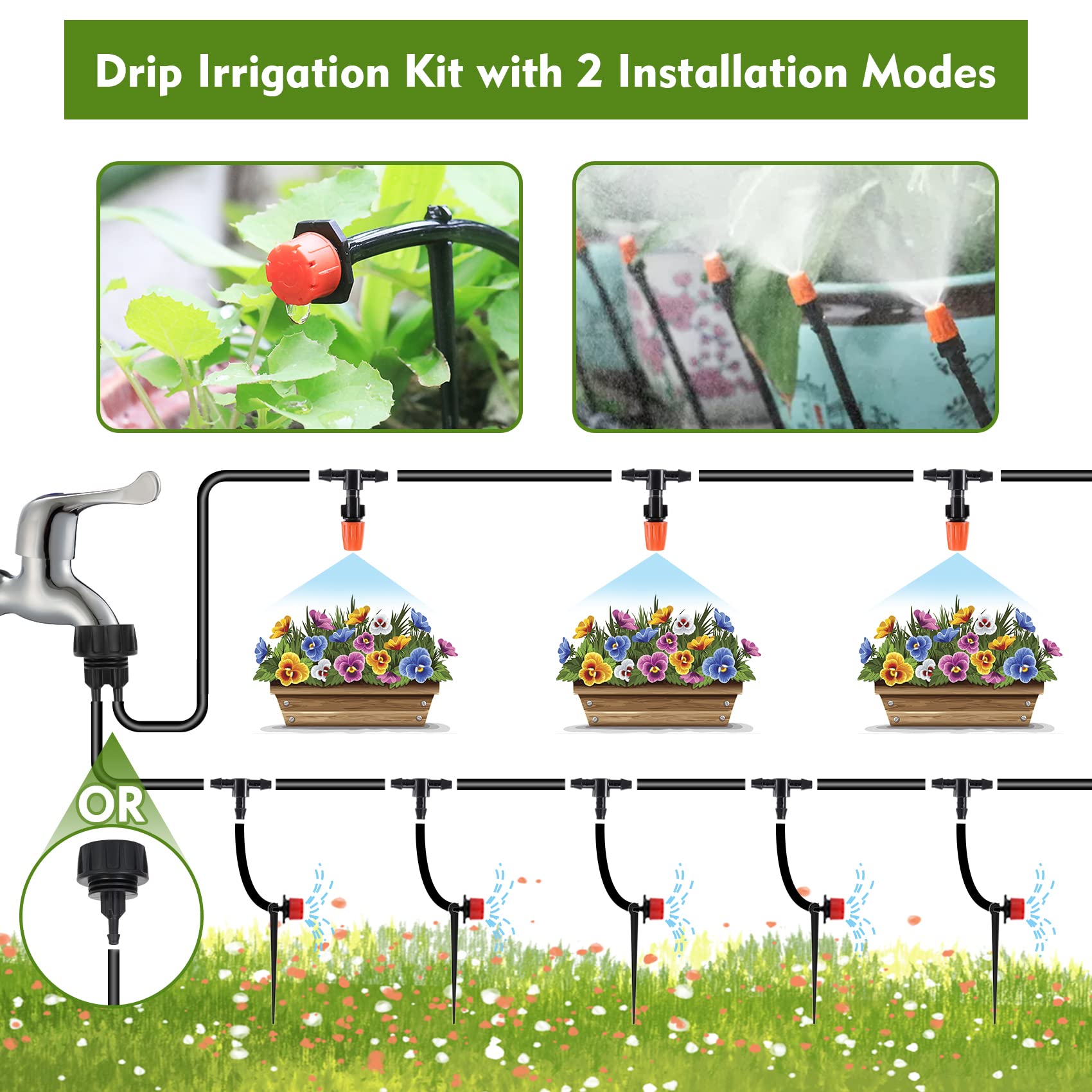 Flantor drip irrigation nozzles and faucet connector