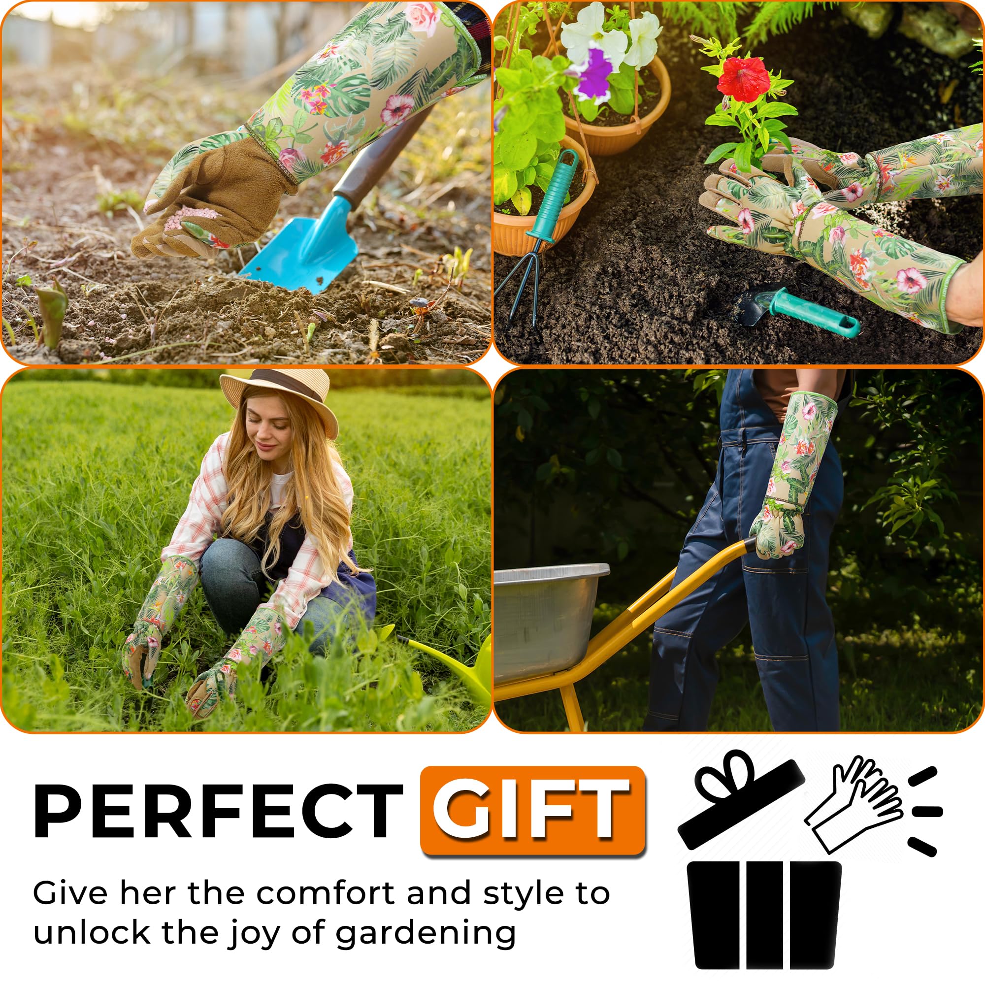 Flat lay of HANDLANDY Rose Pruning Gloves with gardening tools