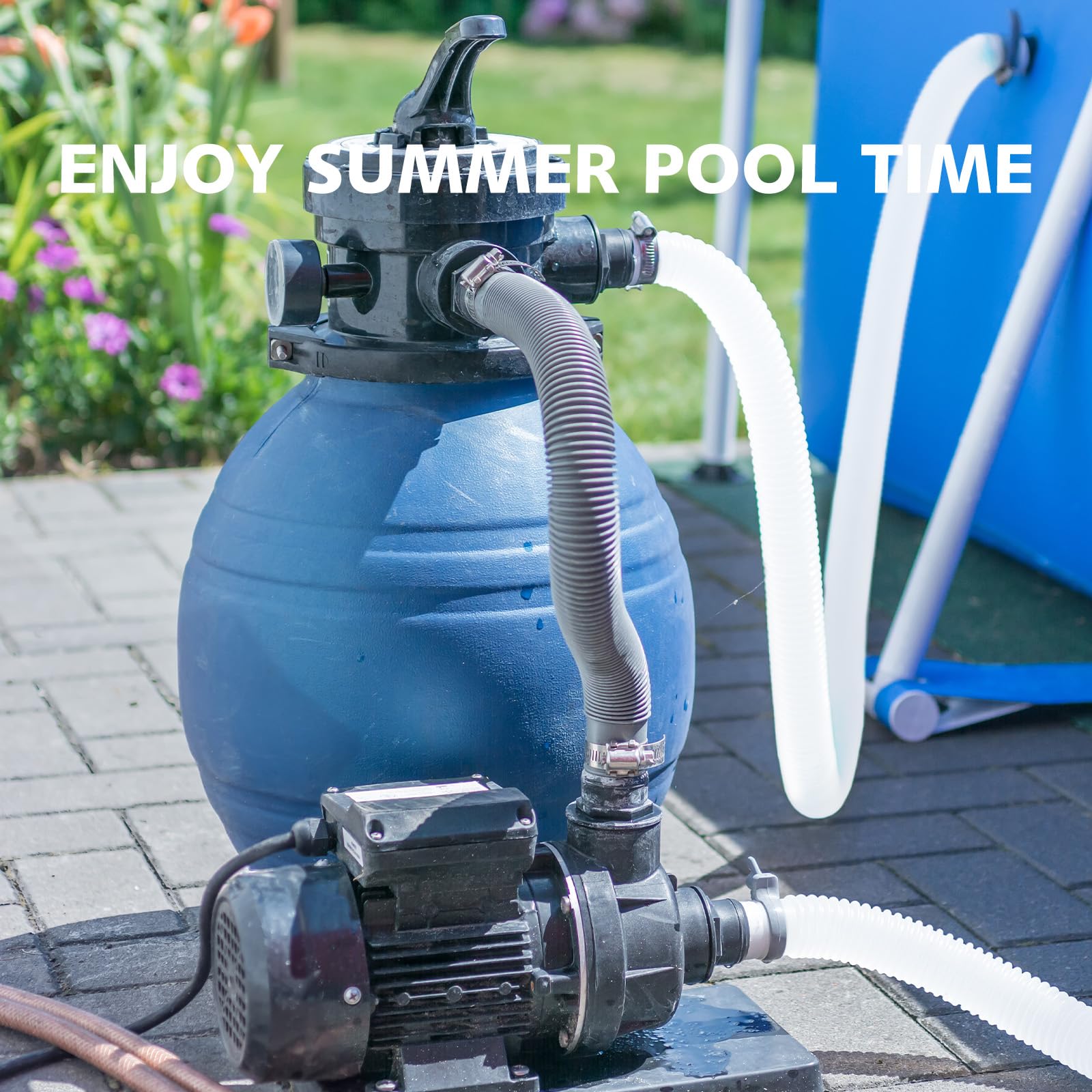 Flat lay of JEKIVEY Pool Hoses with clamps and specifications