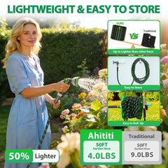 Flexible 50ft garden hose in use for watering plants