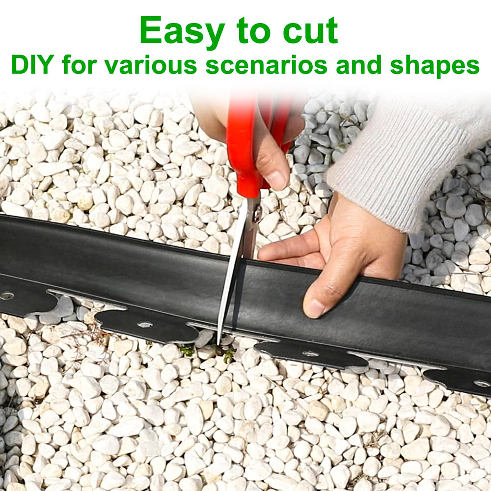 Flexible black plastic garden edging in a garden