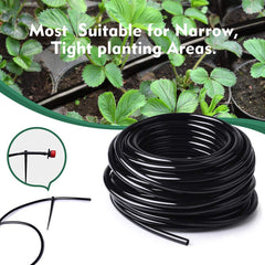 Flexible Bonviee drip irrigation tubing bent around garden plants