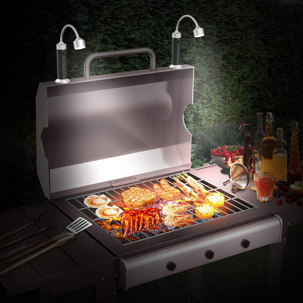Flexible gooseneck of FIREOR grill light adjusted for optimal angle