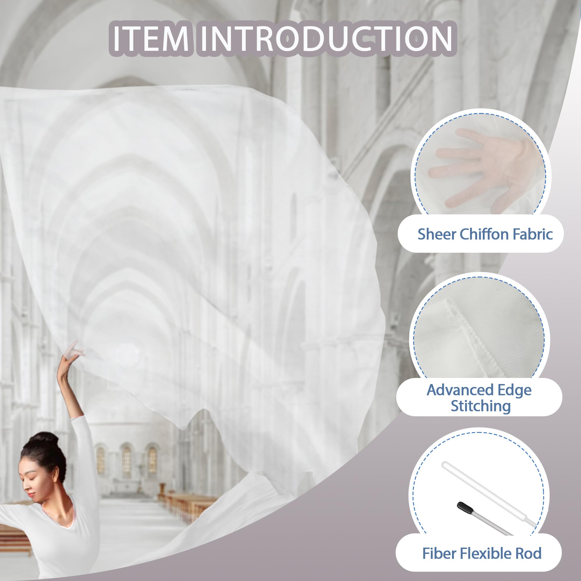 Flexible rod for Baisdan worship flags with white chiffon fabric