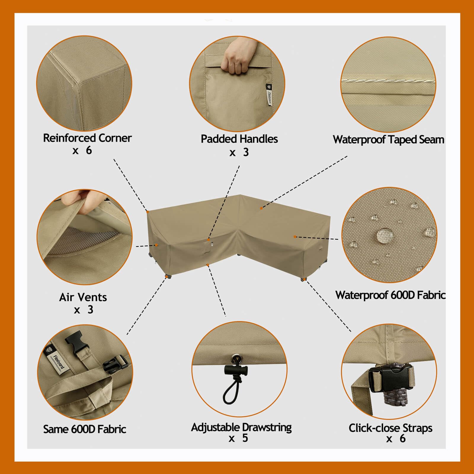 Flexiyard sectional sofa cover secured with click-close straps