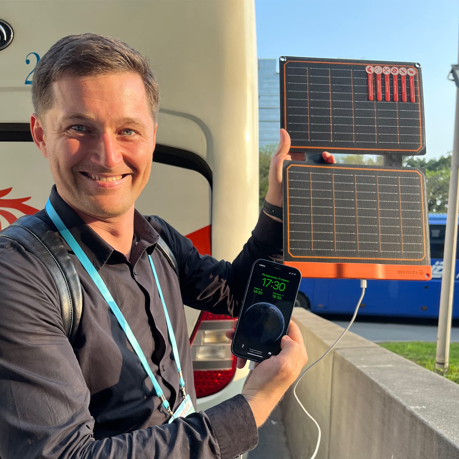 FlexSolar 20W Portable Solar Panel Charger being used outdoors