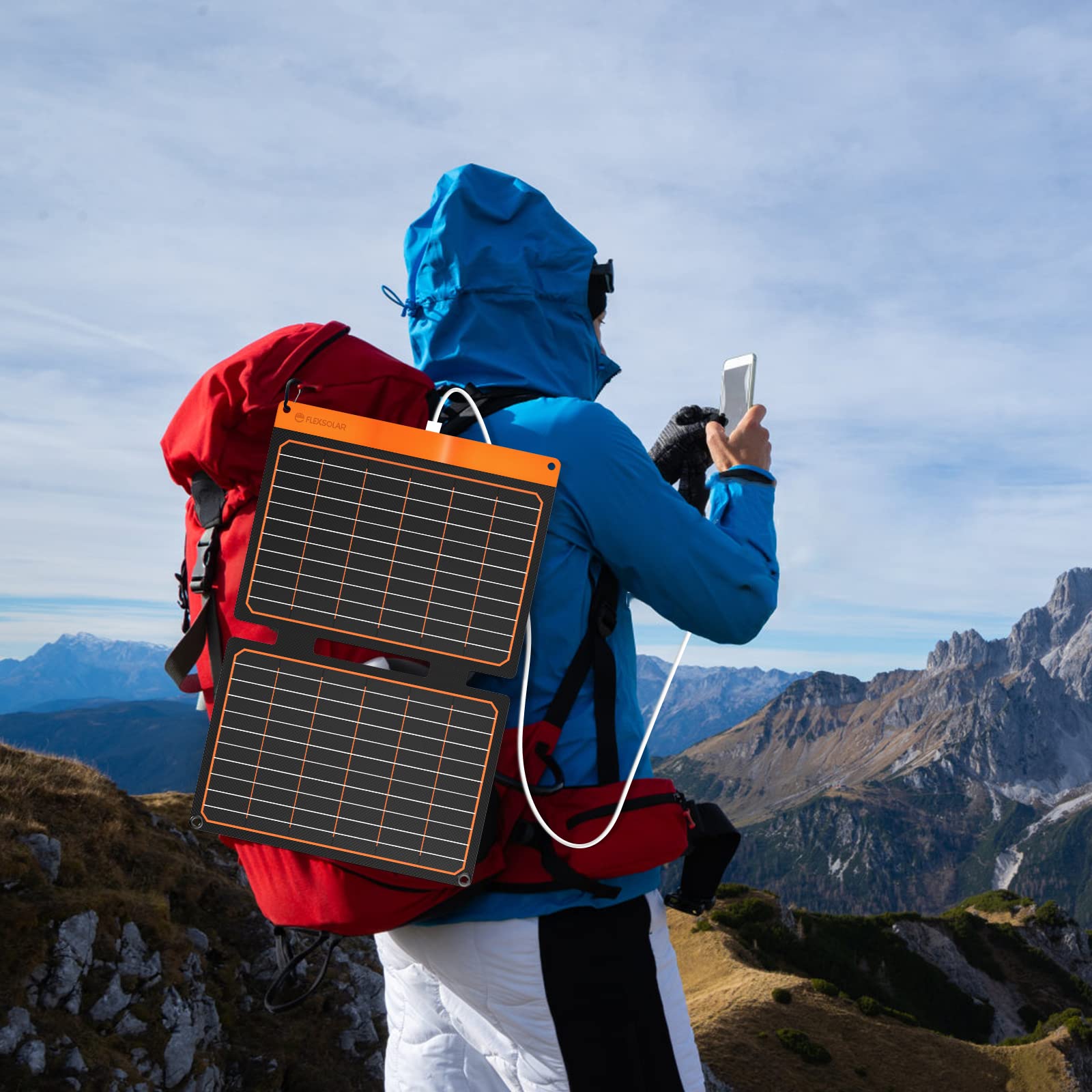 FlexSolar 20W Portable Solar Panel Charger with carabiners included