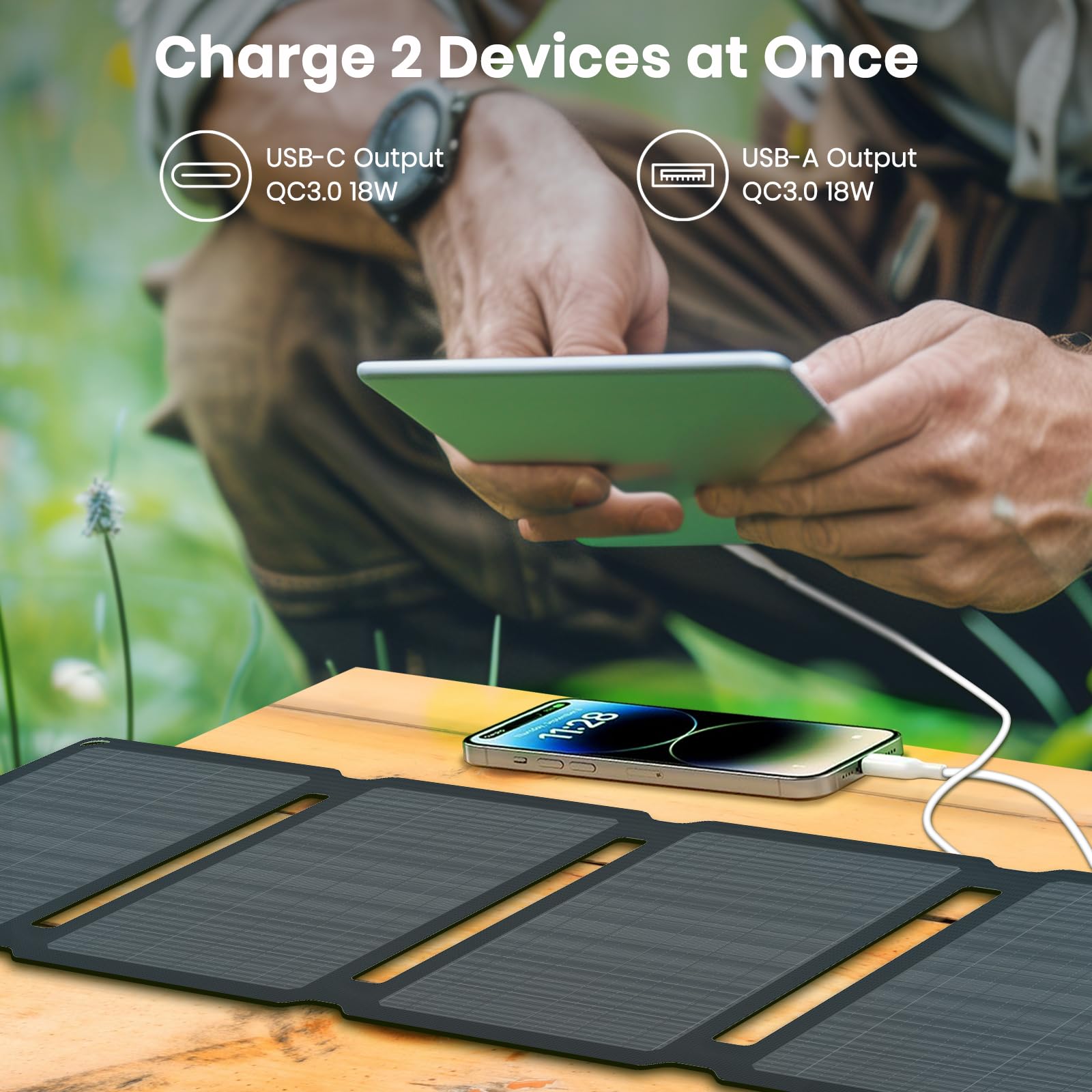FlexSolar 30W solar panel charging phone