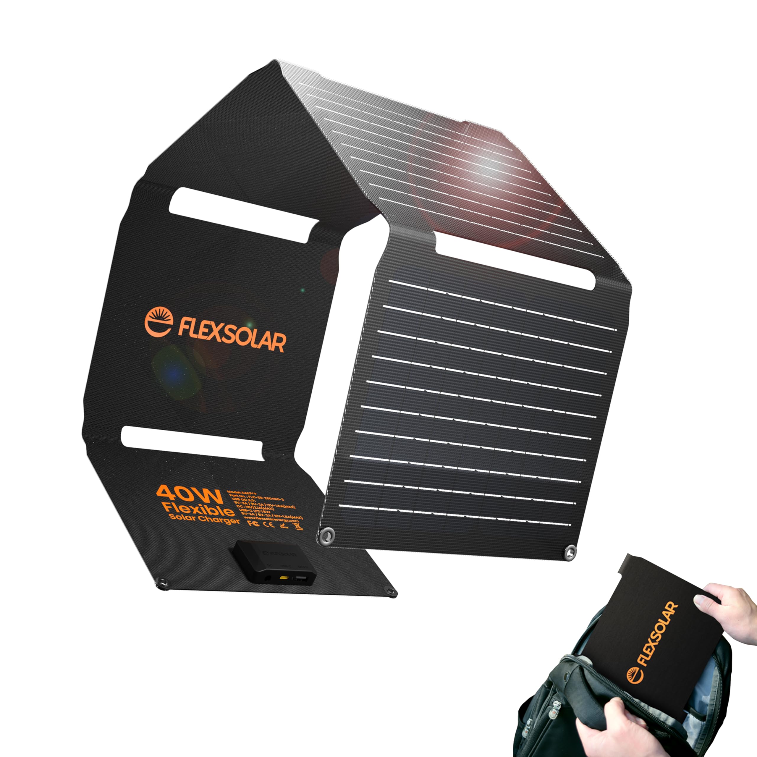 FlexSolar 40W Solar Panel Charger front view with USB ports